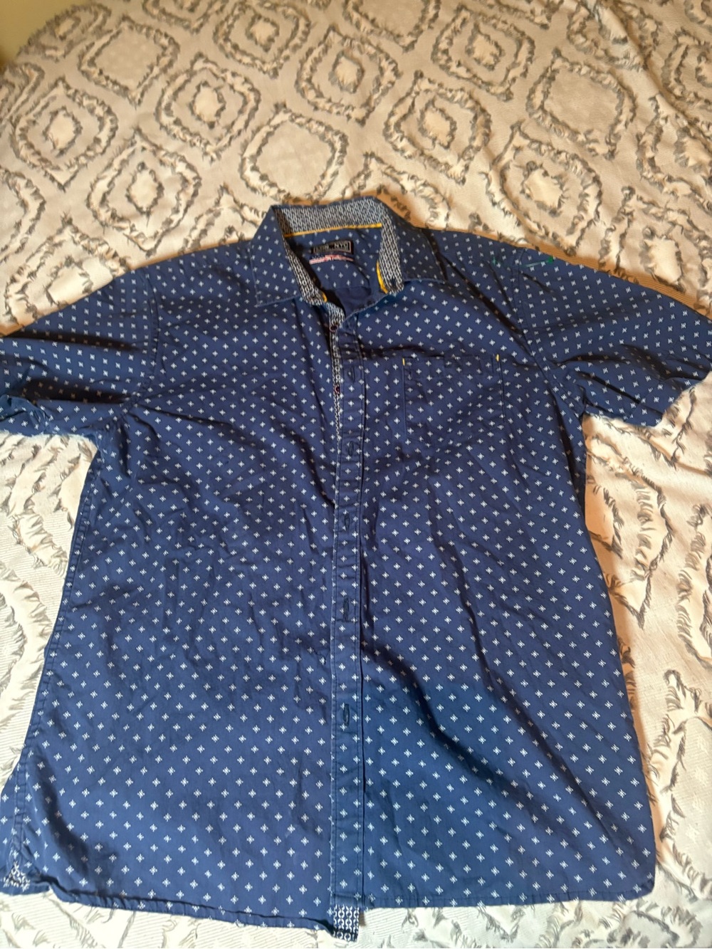 Men's Navy Button-Down Shirt with Subtle Pattern